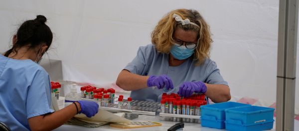 Trabajadoras de sanidad con las pruebas de sangre de coronavirus en España Trabajadoras de sanidad con las pruebas de sangre de coronavirus en España - Sputnik Mundo