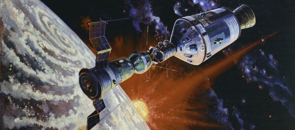 Una pintura del acoplamiento de Soyuz-Apolo, obra del cosmonauta Alexéi Leónov - Sputnik Mundo