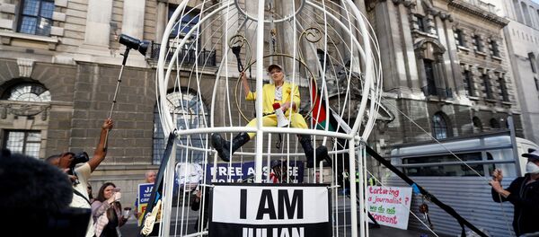 La diseñadora británica Vivienne Westwood en una jaula, en protesta por el encarcelamiento de Julian Assange - Sputnik Mundo