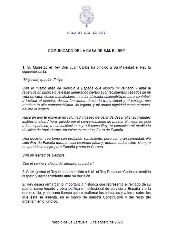El rey emérito Juan Carlos I comunica su decisión de abandonar España El rey emérito Juan Carlos I comunica su decisión de abandonar España