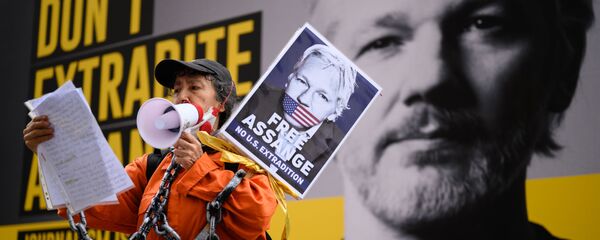 Сторонница Джулиана Ассанжа на митинге против экстрадиции Джулиана Ассанжа в Лондоне, Великобритания - Sputnik Mundo