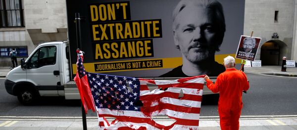 Un manifestante sostiene una bandera rota de EEUU al lado de un cartel en contra de la extradición del fundador de WikiLeaks, Julian Assange  - Sputnik Mundo
