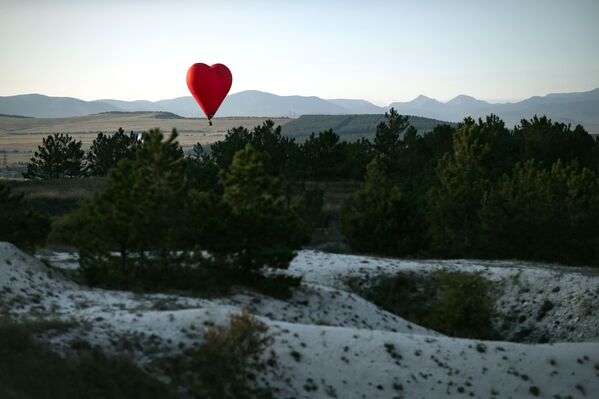 Un globo en forma del corazón por encima de un bosque. - Sputnik Mundo