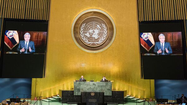 Lenín Moreno, presidente de Ecuador, durante su discurso en el Debate General de la 75 sesión de la Asamblea General de la ONU - Sputnik Mundo