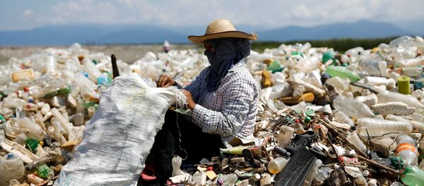 Empleados recopilan la basura en la cuenca del río Motagua en El Quetzalito, Guatemala. - Sputnik Mundo