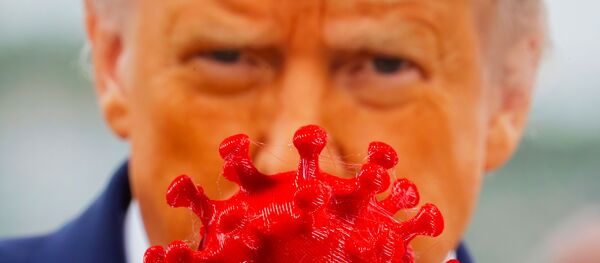 Un modelo de coronavirus impreso en 3D frente a la imagen del presidente de EEUU, Donald Trump - Sputnik Mundo