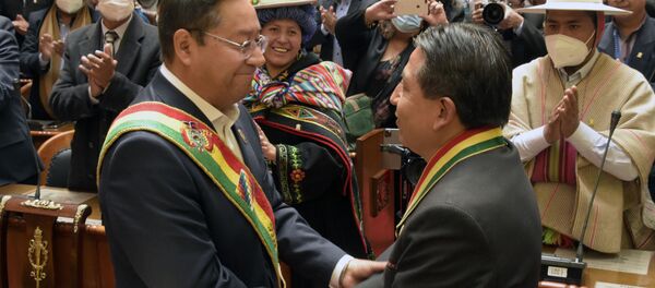 Luis Arce Catacora y David Choquehuanca Céspedes segundos después de la toma de posesión - Sputnik Mundo