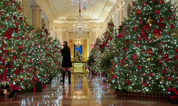 El tema de la decoración de la Casa Blanca de este año fue 'América la Bella' para rendir homenaje a la grandeza de nuestra nación, explicó Melania Trump. Así, en Cross Hall, la primera dama decidió instalar varios árboles de Navidad con luces brillantes.  - Sputnik Mundo