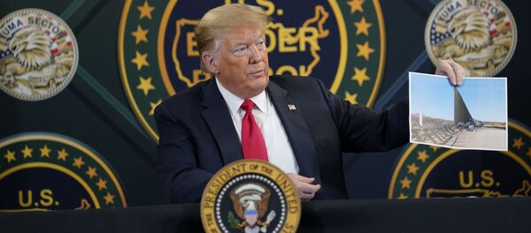 El presidente de EEUU, Donald Trump, sostiene la foto de la construcción del muro fronterizo con México - Sputnik Mundo