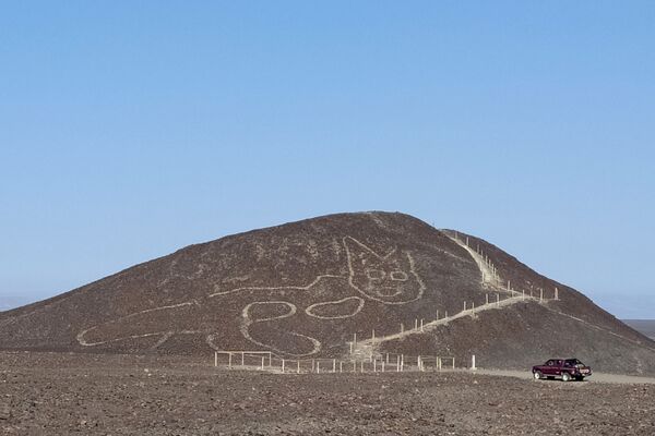 En la meseta de Nazca en Perú los arqueólogos descubrieron un geoglifo de un felino de más de 2.000 años. La longitud del geoglifo es de 37 metros, el grueso de líneas es de 30 o 40 centímetros. La imagen milenaria fue localizada mientras se realizaban trabajos de remodelación de un mirador.  - Sputnik Mundo