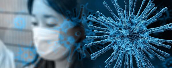 Una mujer con mascarilla y un virus (imagen referencial) - Sputnik Mundo