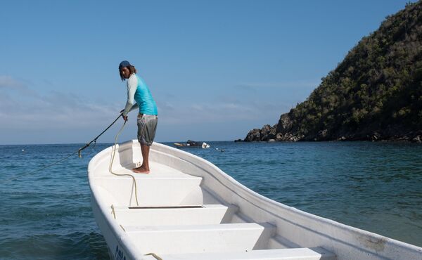 El pescador William Álvarez, de 34 años, es visto en una embarcación mientras pesca un pez león en la costa de Chichiriviche de la Costa, Venezuela - Sputnik Mundo