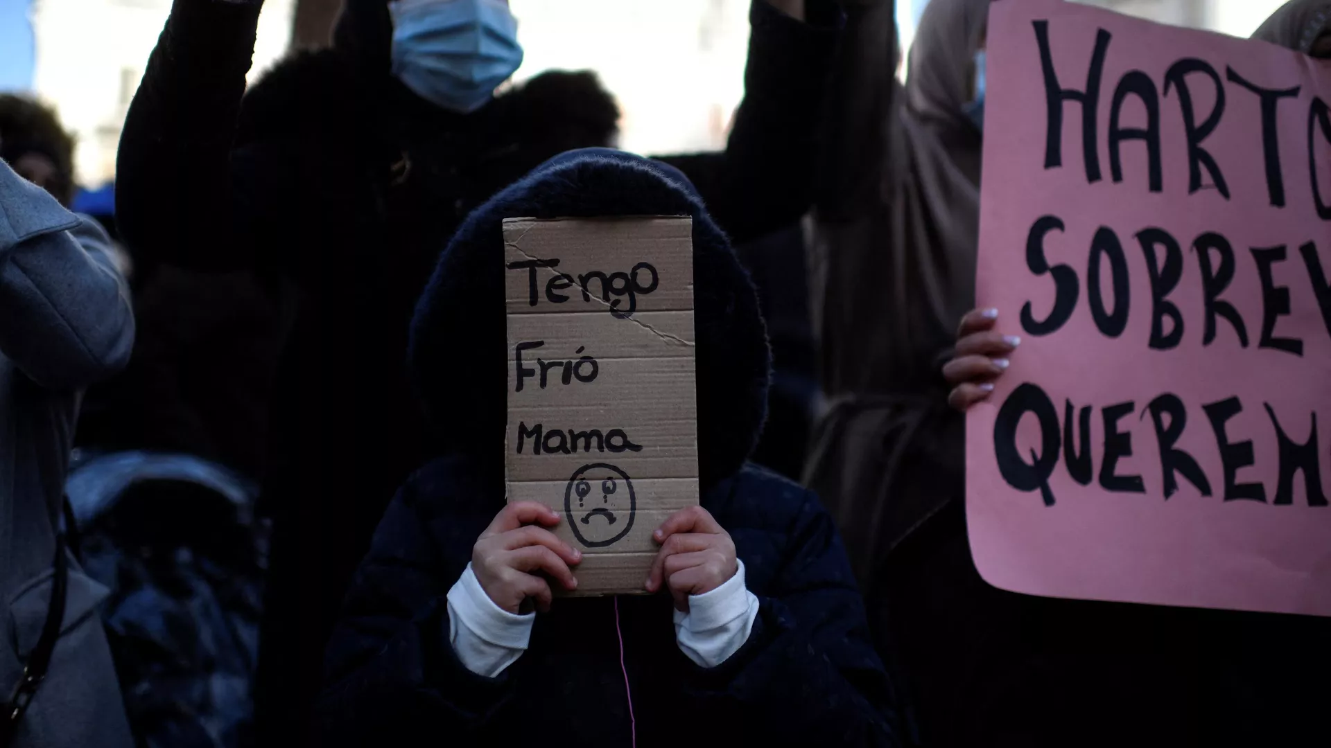 Una niña lleva un cartón que dice Tengo frío, mamá durante una manifestación contra los cortes de luz frente a la sede del gobierno regional en Madrid. 3 de diciembre de 2020. Una niña lleva un cartón que dice Tengo frío, mamá durante una manifestación contra los cortes de luz frente a la sede del gobierno regional en Madrid. 3 de diciembre de 2020. - Sputnik Mundo, 1920, 16.02.2021