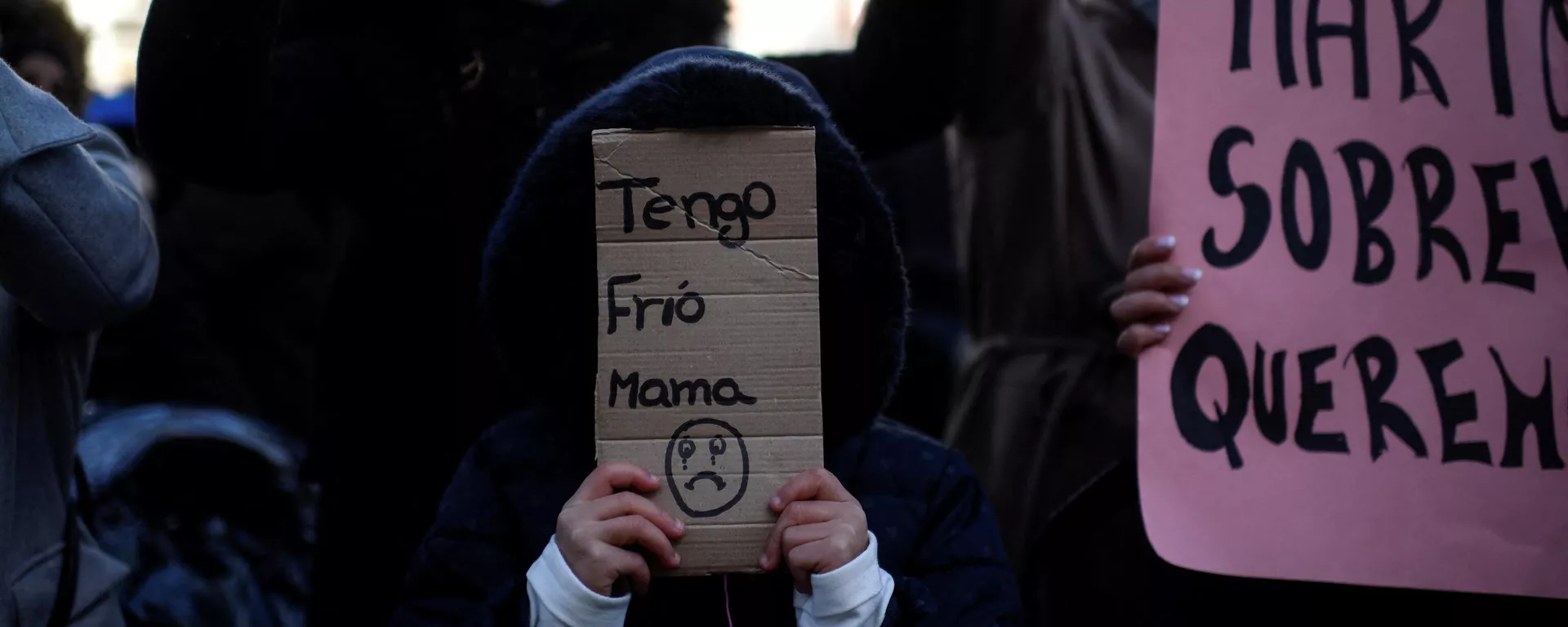 Una niña lleva un cartón que dice Tengo frío, mamá durante una manifestación contra los cortes de luz frente a la sede del gobierno regional en Madrid. 3 de diciembre de 2020. Una niña lleva un cartón que dice Tengo frío, mamá durante una manifestación contra los cortes de luz frente a la sede del gobierno regional en Madrid. 3 de diciembre de 2020. - Sputnik Mundo, 1920, 16.02.2021