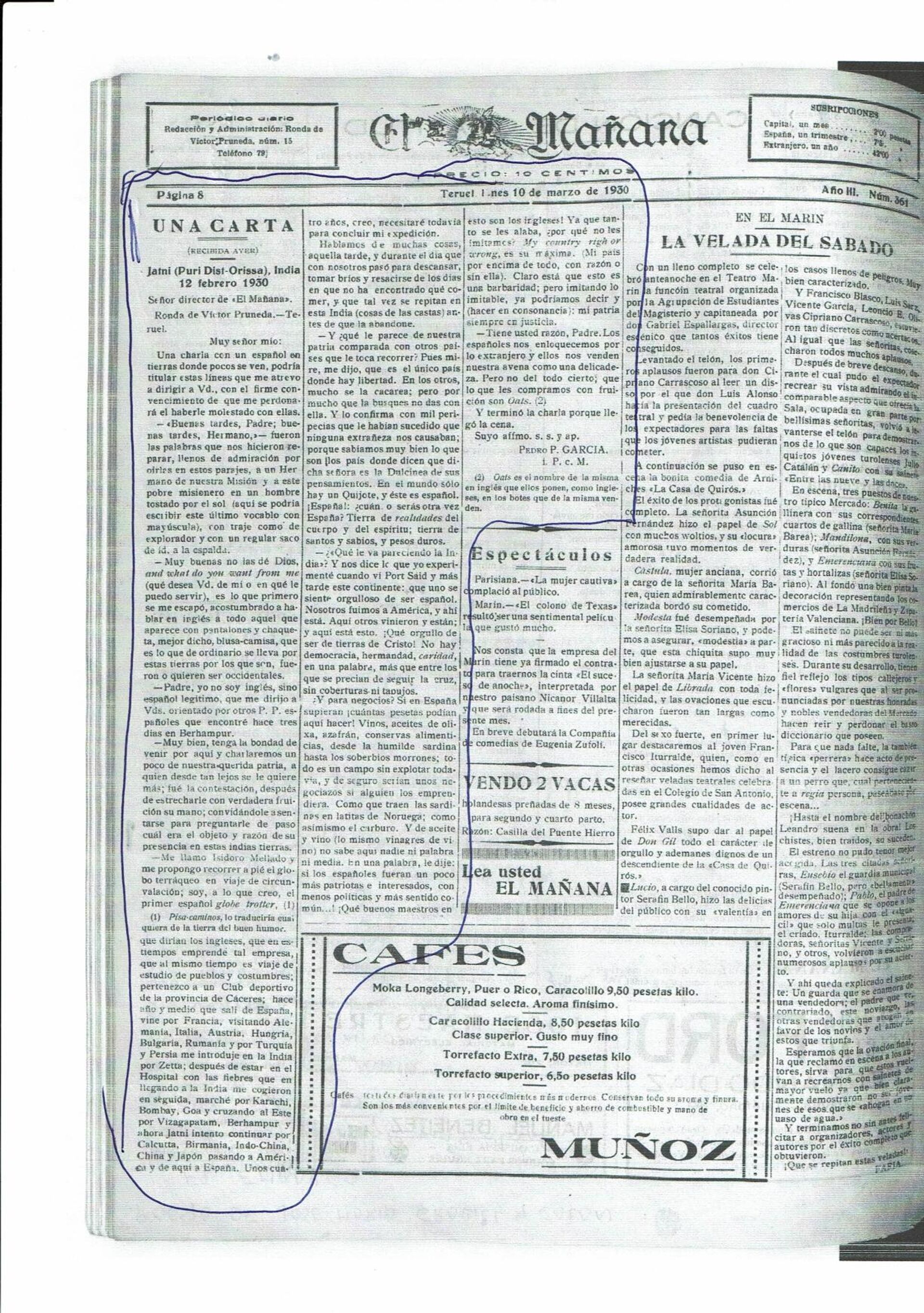 Carta publicada en el diario 'La Mañana' sobre las aventuras de Isidor Mellado - Sputnik Mundo, 1920, 18.02.2021