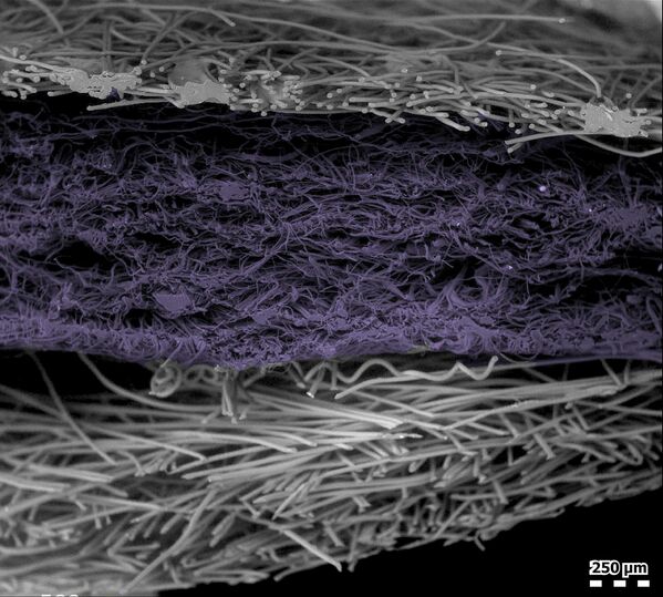 Sin embargo, no hay que olvidar que el tapaboca está diseñado para evitar la propagación del virus desde su portador al entorno mediante gotas en el aire. En la foto: sección transversal de una capa de un respirador bajo el microscopio. - Sputnik Mundo
