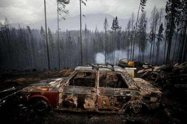 Un coche quemado durante los incendios forestales en Las Golondrinas, Argentina. - Sputnik Mundo