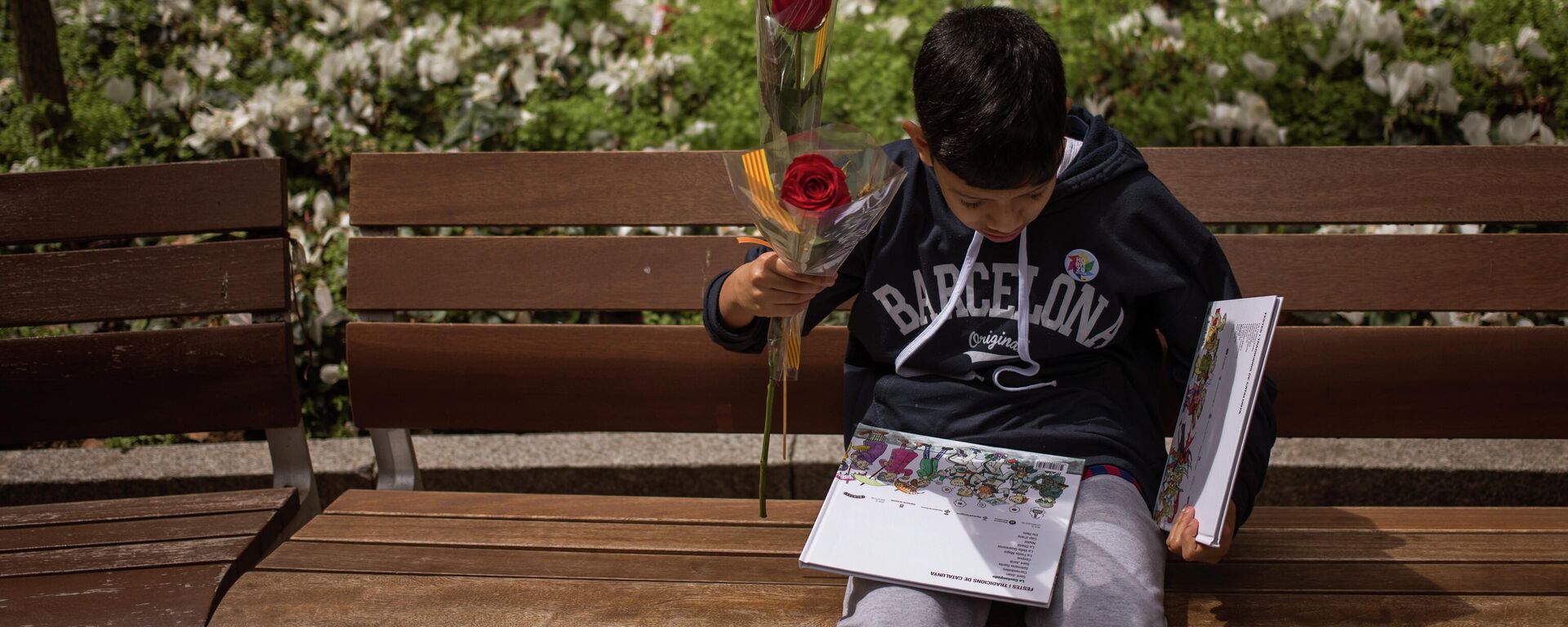 Un chico sostiene una rosa y un par de libros en el Día de Sant Jordi, Barcelona - Sputnik Mundo, 1920, 22.04.2021
