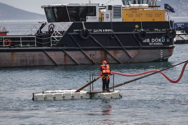 Según los especialistas, esta catástrofe ecológica puede haberse debido al invierno anormalmente cálido que pasó Turquía. En diciembre los termómetros alcanzaron los 10 grados. En la foto, las labores de depuración. - Sputnik Mundo