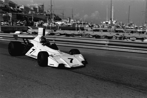 Carlos Reutemann conduciendo su modelo Brabham, en las pruebas del Gran Premio de Mónaco de Fórmula 1. Mónaco, 25 de mayo de 1974. - Sputnik Mundo