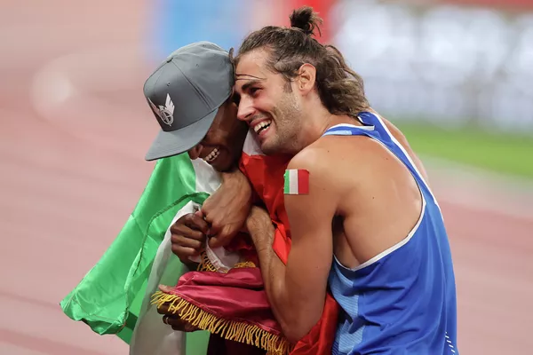 Mutaz Essa Barshim of Qatar and Gianmarco Tamberi of Italy celebrate after winning gold Mutaz Essa Barshim of Qatar and Gianmarco Tamberi of Italy celebrate after winning gold