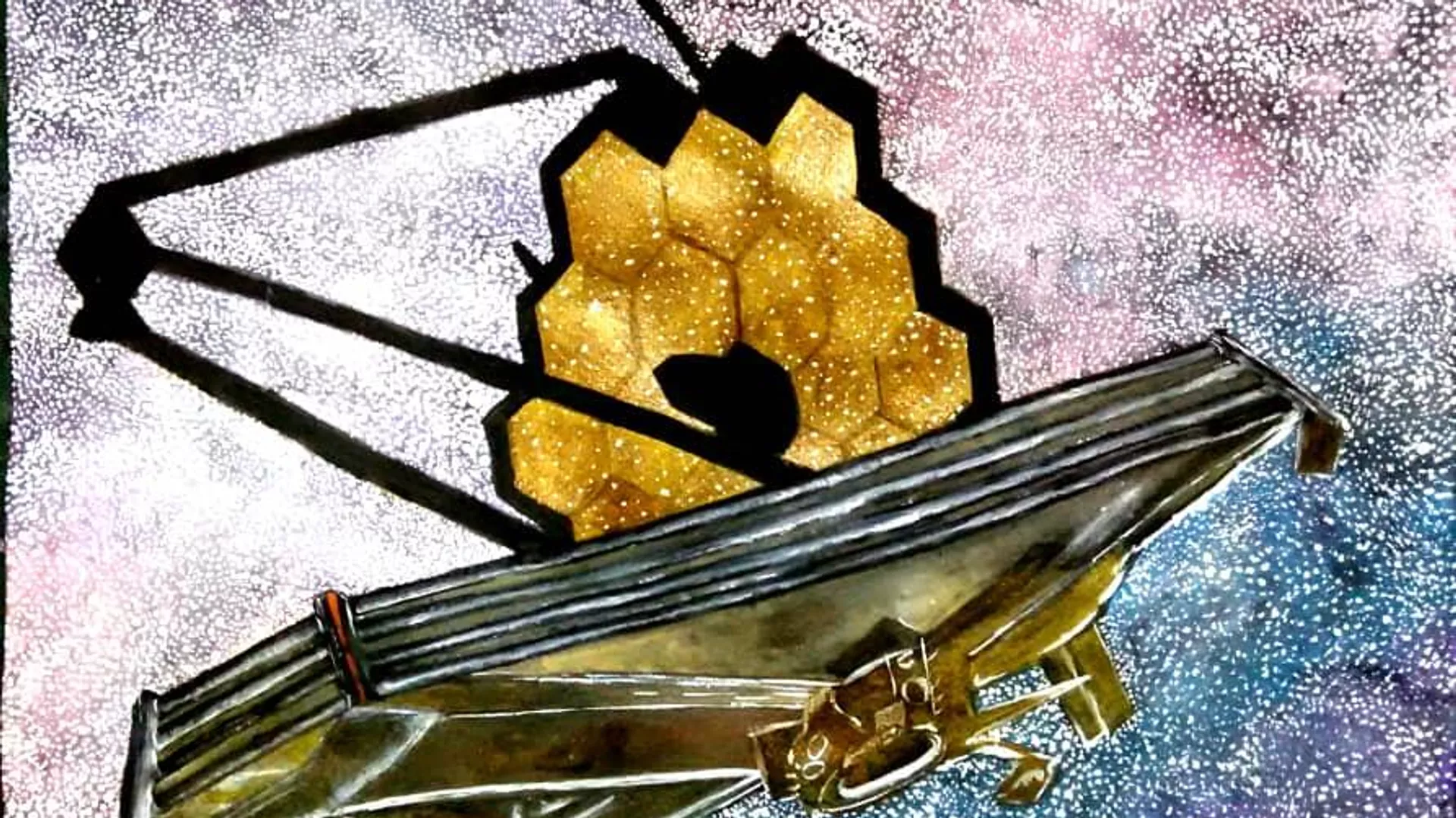 Un dibujo en acuarelas del telescopio espacial James Webb, del iraní Barani Mohtarami , recibido en la campaña de redes sociales #JWSTArt 
