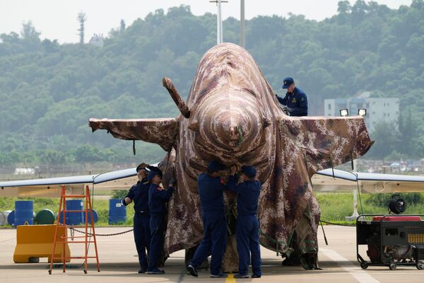 Un caza J-10 del equipo aerobático chino Ba Yi, o 1 de Agosto, estacionado en las instalaciones del Salón Aeroespacial de Zhuhai.  - Sputnik Mundo