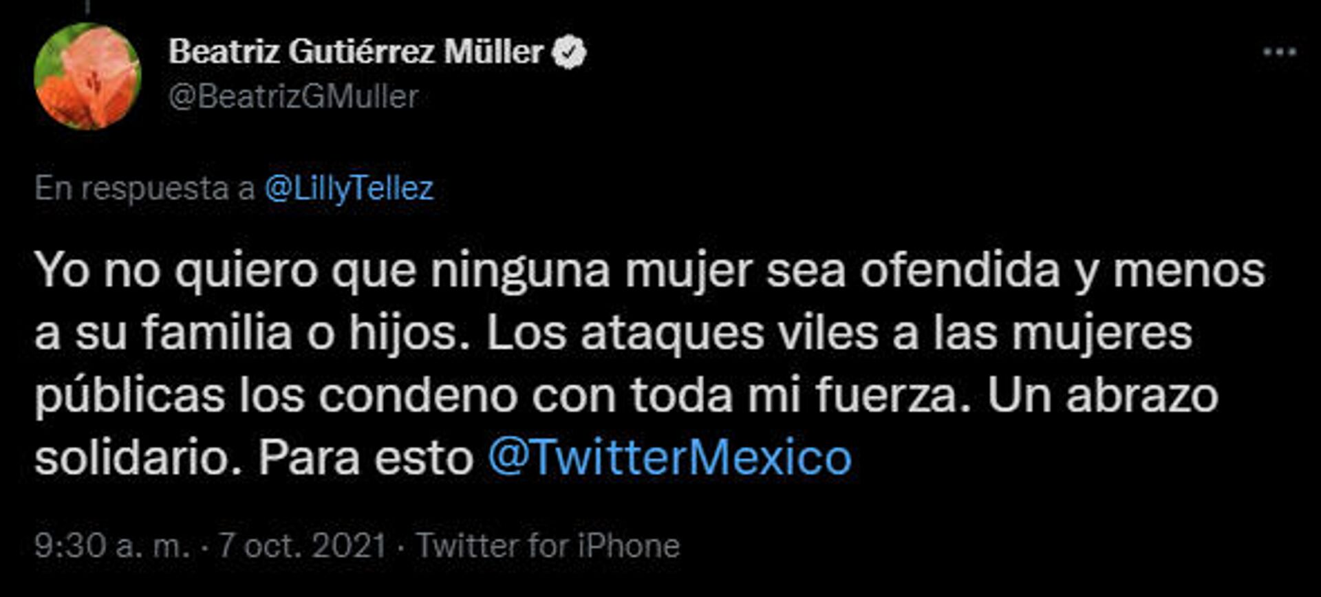 Tuit de Beatriz Gutiérrez Müller a Lilly Téllez  - Sputnik Mundo, 1920, 07.10.2021