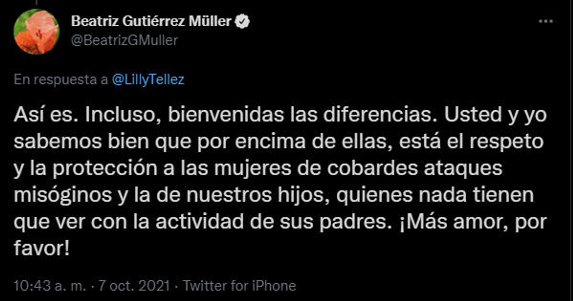 Tuit de Beatriz Gutiérrez Müller a Lilly Téllez  - Sputnik Mundo, 1920, 07.10.2021