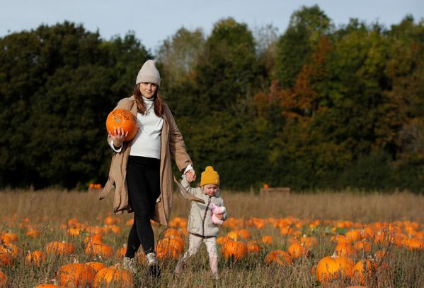 La víspera de Todos los Santos, el 31 de octubre, se celebra Halloween no solo en el Reino Unido, Europa Occidental, EEUU y América Latina, sino también en la mayoría de los países de Europa del Este y Asia, así como en otros países con estrechos vínculos culturales con EEUU o el Reino Unido. En la foto: mujer y niño en una granja de calabazas. - Sputnik Mundo