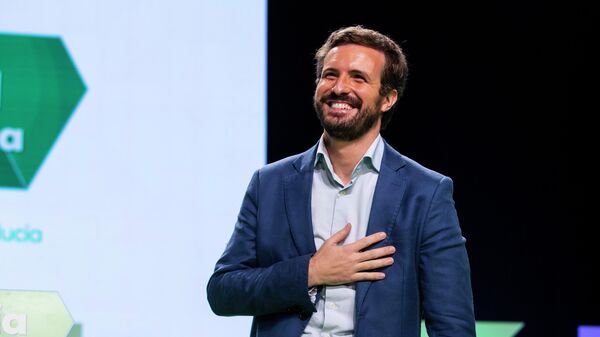 El presidente del PP, Pablo Casado, durante su intervención en la clausura del XVI Congreso Autonómico del PP de Andalucía el 21 de noviembre de 2021 - Sputnik Mundo