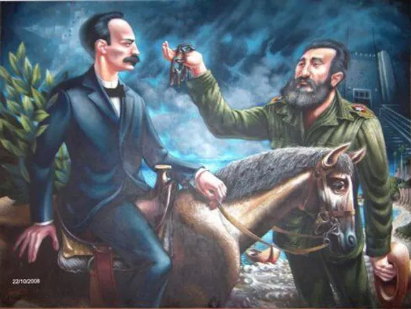 El cuadro Diálogo del autor Carmelo González, que representa la continuidad de la lucha cubana por su independencia, retrata a Fidel Castro mostrando las cadenas rotas al héroe nacional cubano José Martí. El cuadro Diálogo del autor Carmelo González, que representa la continuidad de la lucha cubana por su independencia, retrata a Fidel Castro mostrando las cadenas rotas al héroe nacional cubano José Martí. - Sputnik Mundo