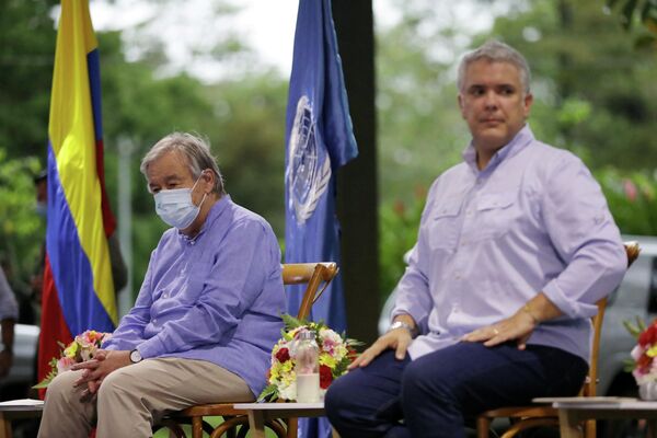 El secretario general de la ONU, Antonio Guterres, durante un evento con motivo de la conmemoración del quinto aniversario desde la firma de un acuerdo de paz entre los rebeldes de las FARC y el Gobierno, en Bogotá, Colombia, el 23 de noviembre de 2021 - Sputnik Mundo