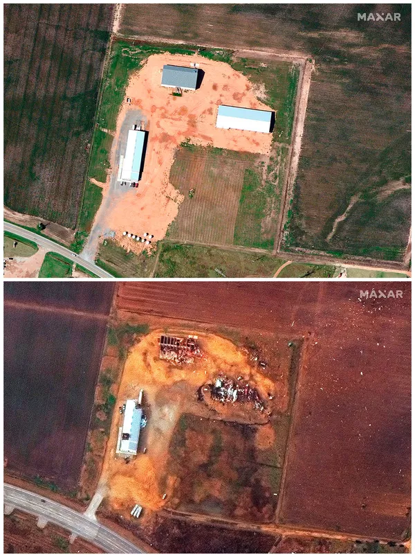 Una granja en Monette, Arkansas, antes y después del paso del tornado. Una granja en Monette, Arkansas, antes y después del paso del tornado. - Sputnik Mundo
