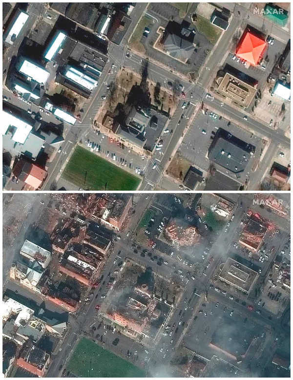 Así se ve desde el satélite antes y después del tornado el juzgado en Mayfield, Kentucky. Así se ve desde el satélite antes y después del tornado el juzgado en Mayfield, Kentucky. - Sputnik Mundo