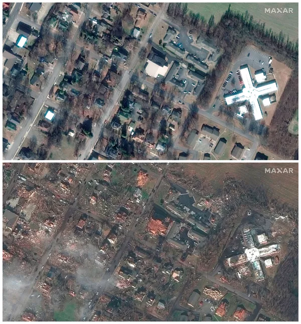 El antes y el después de un área de Mayfield, Kentucky, muestra cómo la inclemencia climática arrasó con esta zona. El antes y el después de un área de Mayfield, Kentucky, muestra cómo la inclemencia climática arrasó con esta zona. - Sputnik Mundo