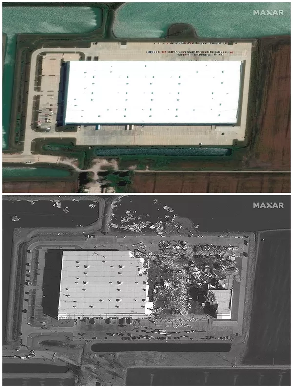 Los tornados elevaron los escombros de los edificios destruidos hasta una altura de más de 9 kilómetros.En la foto: el almacén de Amazon en Edwardsville, antes y después del paso del tornado visto desde un satélite. Los tornados elevaron los escombros de los edificios destruidos hasta una altura de más de 9 kilómetros.En la foto: el almacén de Amazon en Edwardsville, antes y después del paso del tornado visto desde un satélite. - Sputnik Mundo