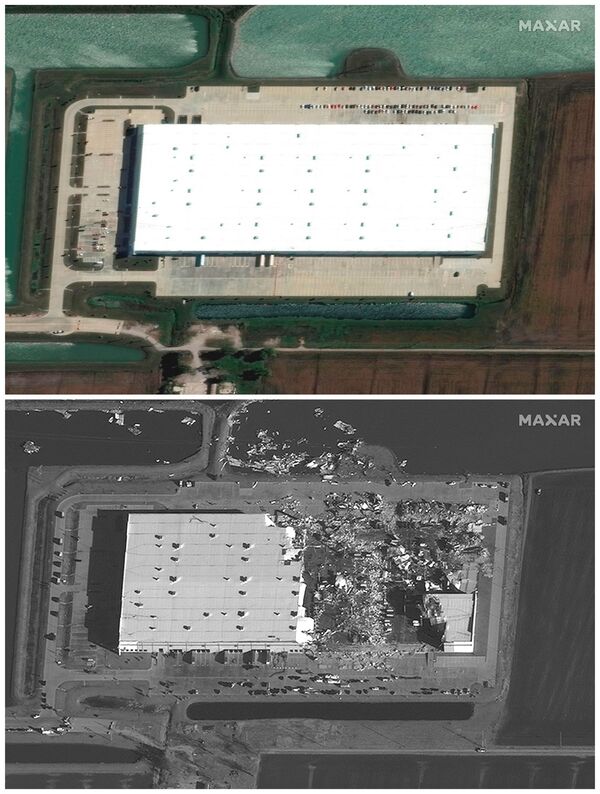 Los tornados elevaron los escombros de los edificios destruidos hasta una altura de más de 9 kilómetros.En la foto: el almacén de Amazon en Edwardsville, antes y después del paso del tornado visto desde un satélite. - Sputnik Mundo