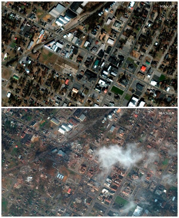 En total se registraron más de dos docenas de tornados durante la noche del 10 de diciembre. En la foto: el antes y el después del centro de Mayfield, Kentucky, tras el tornado. - Sputnik Mundo