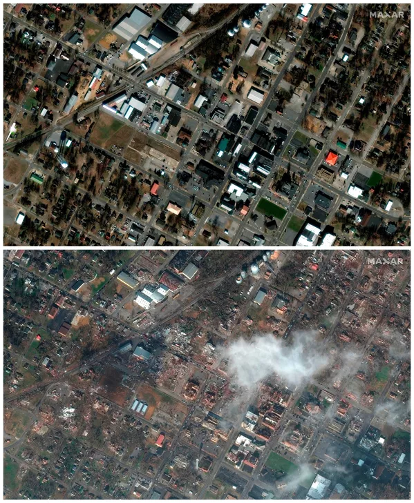 En total se registraron más de dos docenas de tornados durante la noche del 10 de diciembre. En la foto: el antes y el después del centro de Mayfield, Kentucky, tras el tornado. En total se registraron más de dos docenas de tornados durante la noche del 10 de diciembre. En la foto: el antes y el después del centro de Mayfield, Kentucky, tras el tornado. - Sputnik Mundo