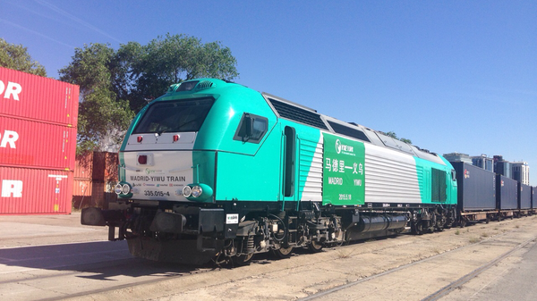 Tren de la ruta Madrid-Yiwu a su llegada a la estación de Abroñigal (Madrid) - Sputnik Mundo