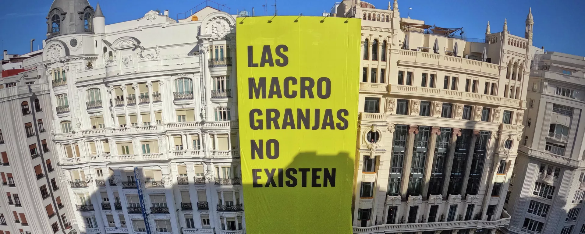 Pancarta de Greenpeace en la Gran Vía de Madrid sobre las macrogranjas Pancarta de Greenpeace en la Gran Vía de Madrid sobre las macrogranjas - Sputnik Mundo, 1920, 19.01.2022