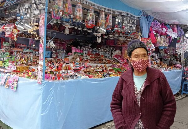 Un vendedora al frente de su puesto en la feria de Alasitas, repleto de pequeñas figuras - Sputnik Mundo