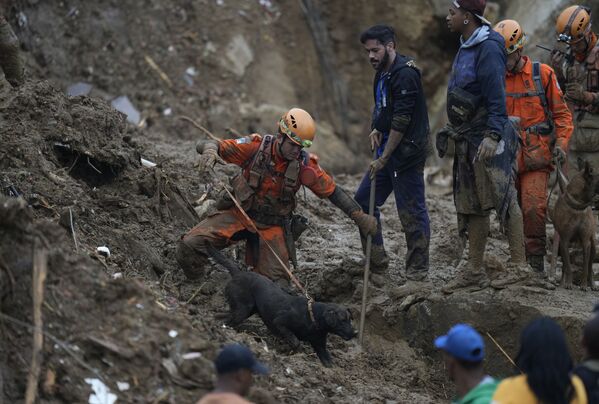 Las lluvias que azotaron el estado de Río de Janeiro son las más fuertes de los últimos 90 años.En la foto: un equipo de rescate busca a personas en la zona afectada por los deslizamientos de tierra de Petrópolis. - Sputnik Mundo