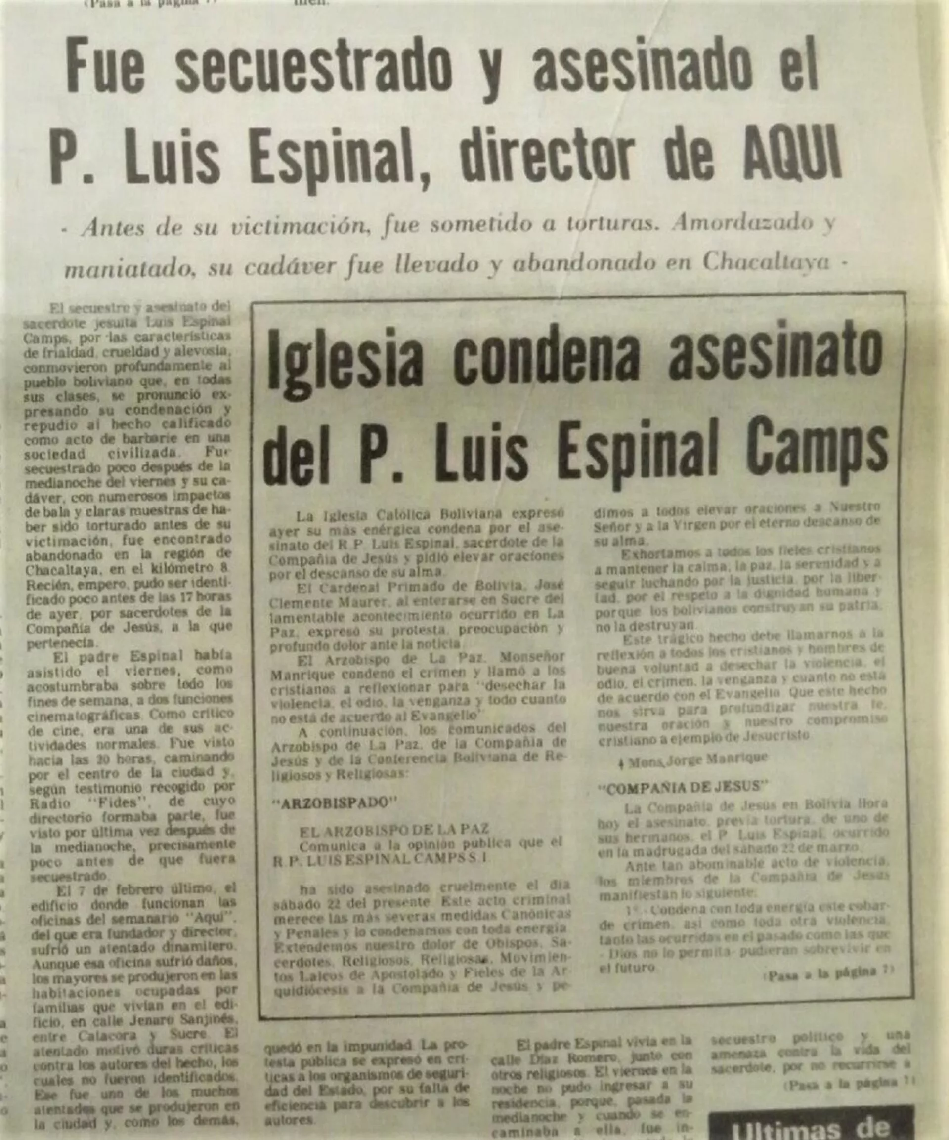 Repercusiones del asesinato de Luis Espinal en la prensa boliviana de la época Repercusiones del asesinato de Luis Espinal en la prensa boliviana de la época - Sputnik Mundo, 1920, 23.03.2022