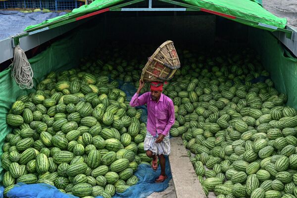 Un hombre descarga sandías de un barco en el río Buriganga en la ciudad de Daca (Bangladesh). - Sputnik Mundo