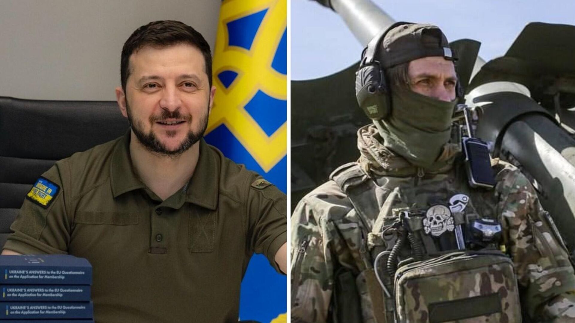 Volodímir Zelenski, presidente de Ucrania (izda.) y un combatiente neonazi ucraniano (dcha.) Volodímir Zelenski, presidente de Ucrania (izda.) y un combatiente neonazi ucraniano (dcha.) - Sputnik Mundo, 1920, 10.05.2022