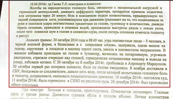 Uno de estos &#x27;libros&#x27; fue Tatiana Ganzha, militante del Partido Comunista de Ucrania — ahora está prohibida ingresar al país— y opositora de Euromaidan. El 30 de octubre de 2014, en Mariúpol, Tatiana fue detenida por cinco hombres con pasamontañas y uniforme militar con distintivos del batallón Azov. Ya en el auto, la golpearon sin piedad y orinaron sobre ella. Cuando la sacaron del auto, la patearon y dispararon sobre su cabeza. Luego la llevaron al aeropuerto de Mariúpol, donde fue torturada hasta el 8 de noviembre. La colgaron de las piernas, boca abajo, y la golpearon. Después de lo sucedido, Tatiana fue juzgada y encarcelada, pero afortunadamente pronto fue intercambiada por un prisionero de guerra ucraniano.En la foto: una captura de pantalla del protocolo de inspección de Tatiana Ganzha, una ex prisionera que sobrevivió a la prisión secreta de Azov en el aeropuerto de Mariúpol. - Sputnik Mundo