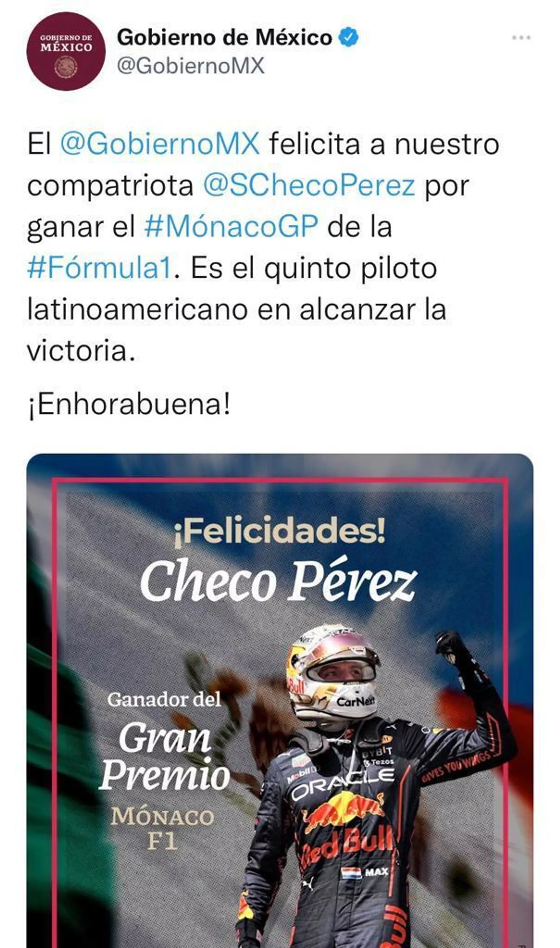 Mensaje del Gobierno de México al piloto Sergio Pérez - Sputnik Mundo, 1920, 30.05.2022