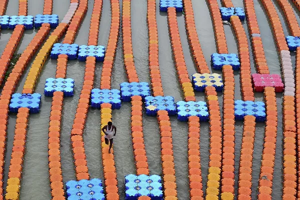 Un barquero camina sobre un muelle flotante hecho de cubos de plástico a lo largo de las orillas inundadas del río Ganges tras una subida del nivel del agua debido a las fuertes lluvias en Allahabad, el 30 de julio de 2022. - Sputnik Mundo